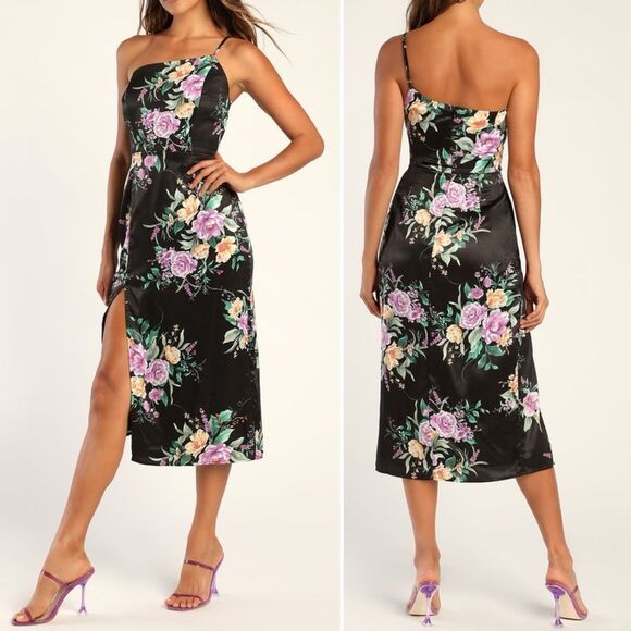 NWT Lulus Keepin' It Chic Black Floral Satin One-Shoulder Midi Dress Size Medium - Picture 3 of 14